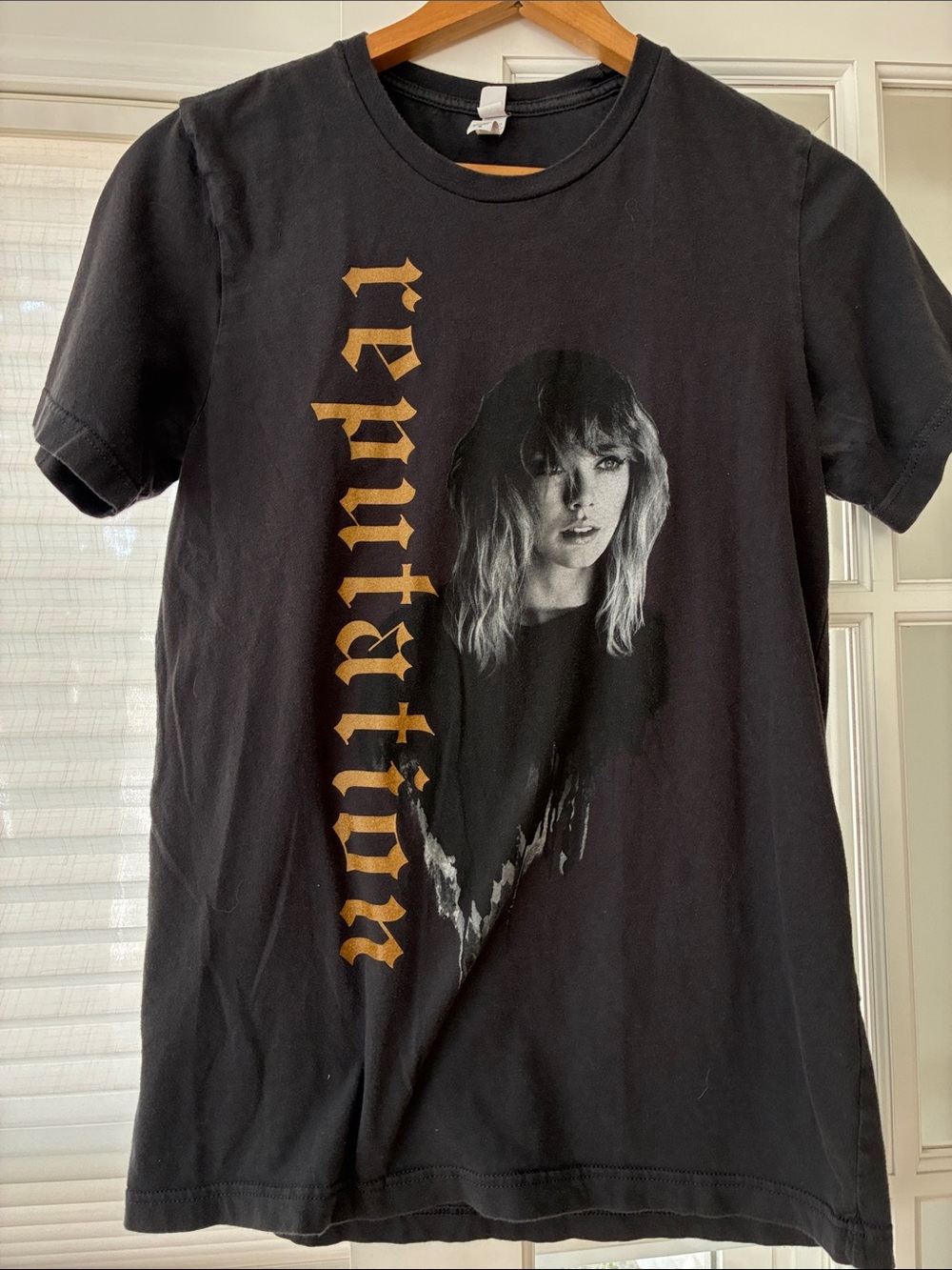 Taylor Swift Black Tee with Gold 'Reputation' Vertical Script